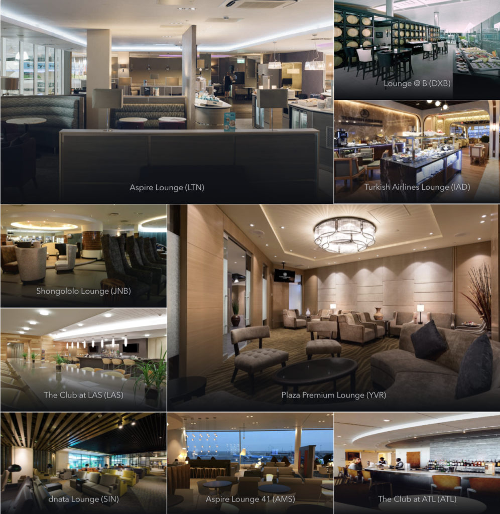 photos of various airport lounges on lounge buddy, one of our recommended travel apps