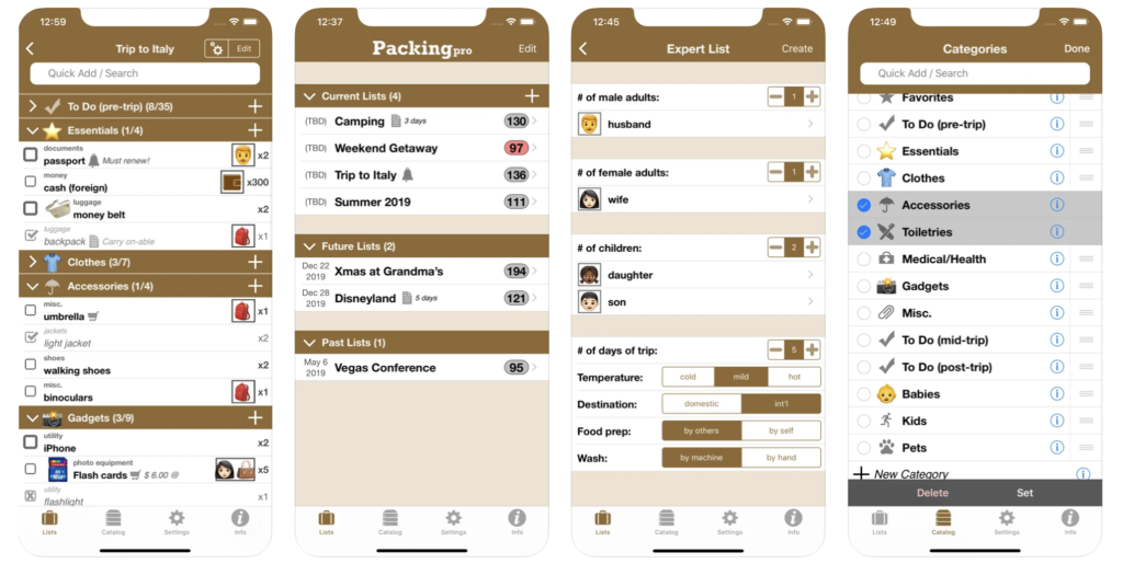 screen shots of the Packing Pro travel app