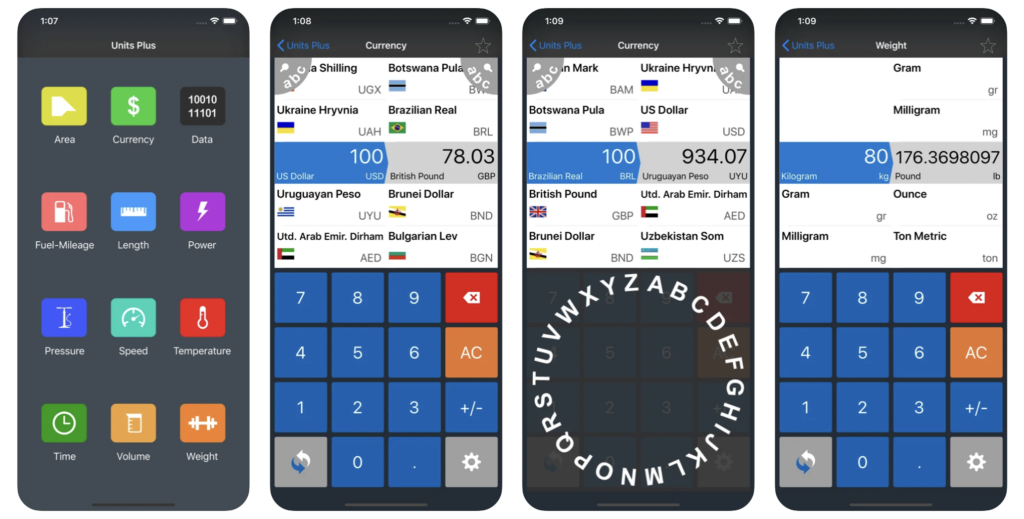 screen shots of Unit Converter app. essential travel apps for 2021.