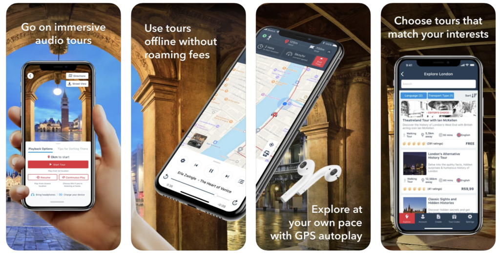 screen shots of VoiceMap Audio Tours app. essential travel apps for 2021.