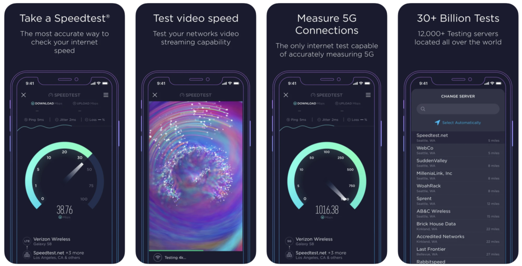 screen shots of the speedtest app