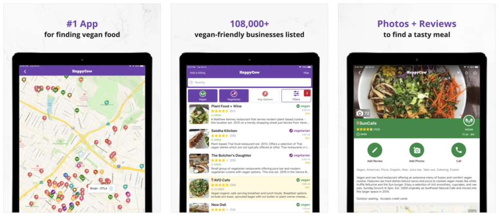 screen shots of the HappyCow vegan food locating app for tablets. essential travel apps for 2021.