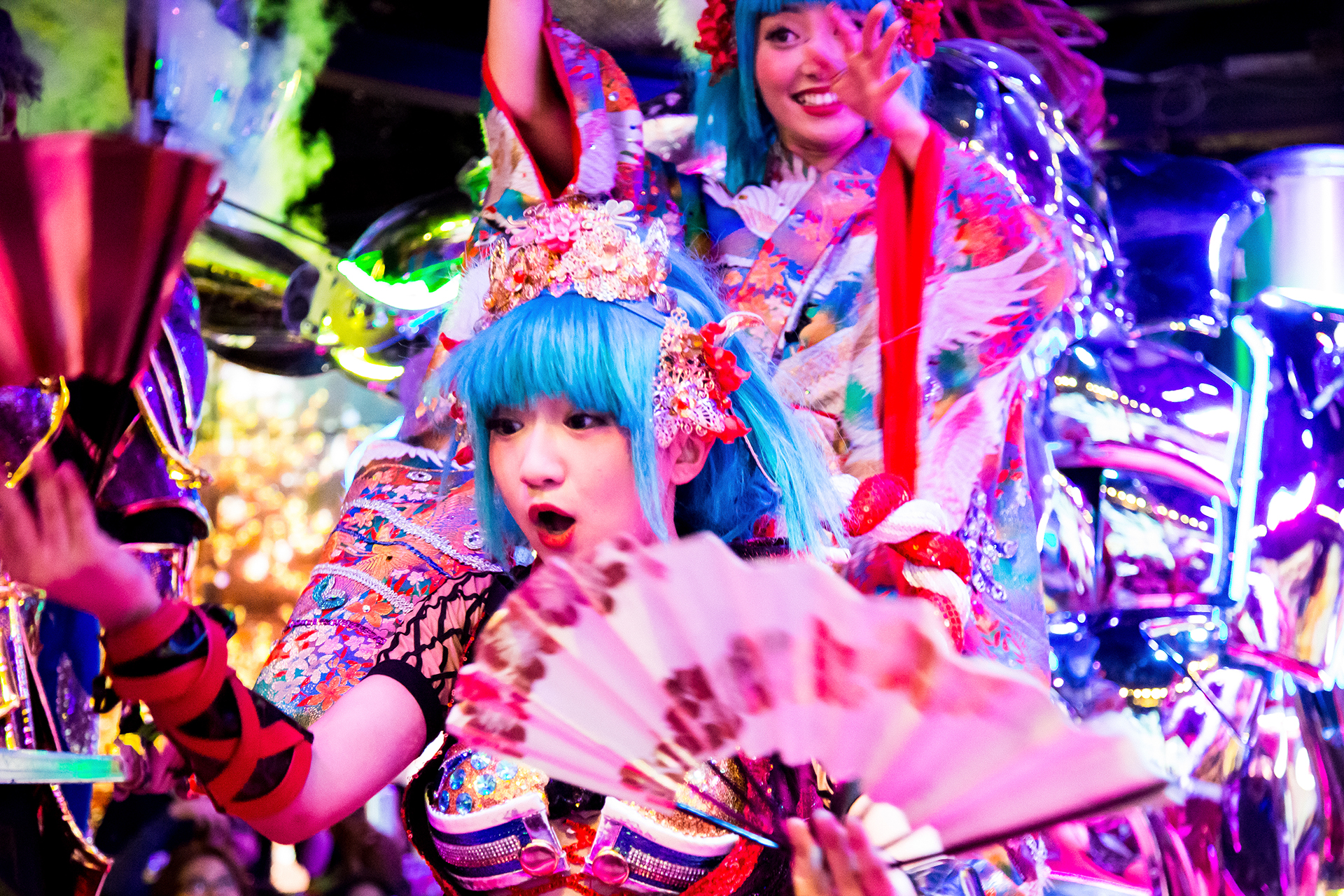 a vividly colorful performer at Tokyo's Robot Restaurant