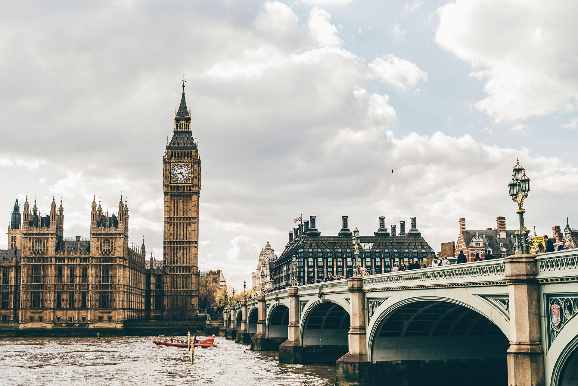 Westminster, Big Ben, and Westminster Bridge from across the River Thames in London, England